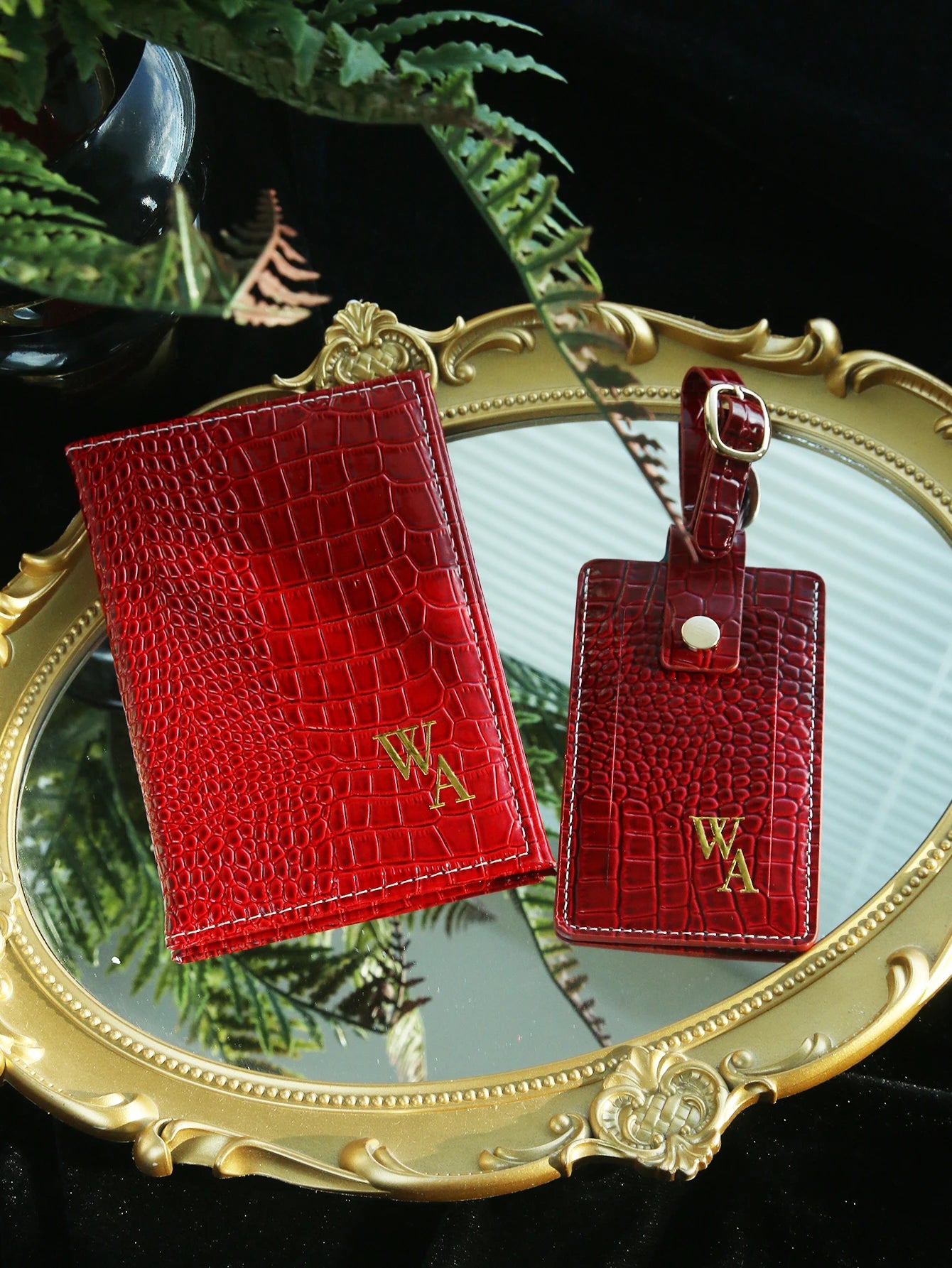 Personalized Custom initial Gloss Croc Texture Leather Passport Wallet with Luggage Tag Set Travel Suitcase Anti-Lost Tag