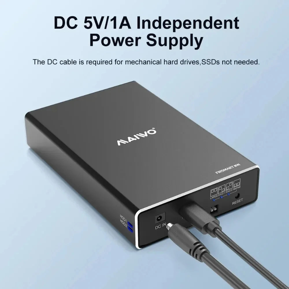 MAIWO Hard Drive Enclosure Dual Bay for 2.5'' SATA SSD/HDD Support 4 RAID Modes Gen2 10Gbps with 16TB Capacity Aluminum HDD Case