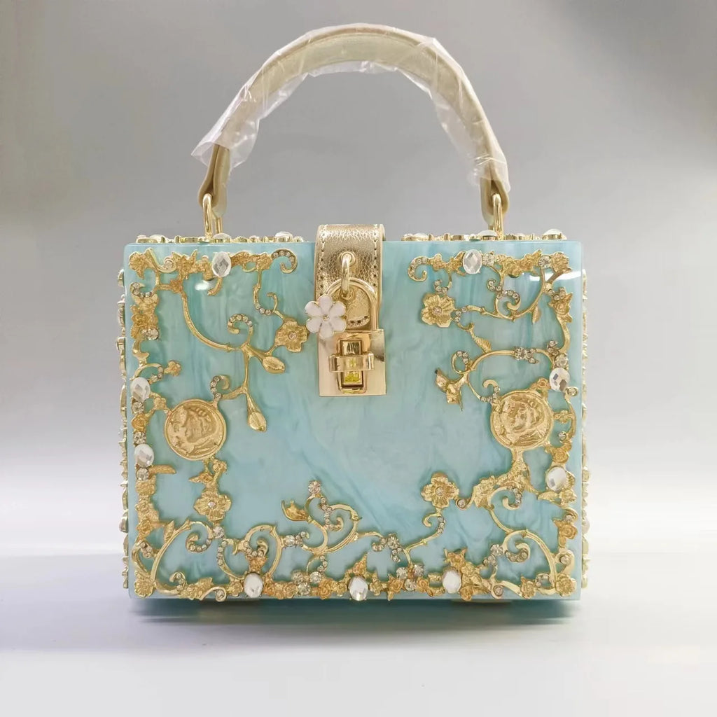 Luxury Acrylic Crystal Evening Bag Female New Hollow Out Metal Carved Flower Diamond Handbag Box Chic Shoulder Crossbody Bag Sac
