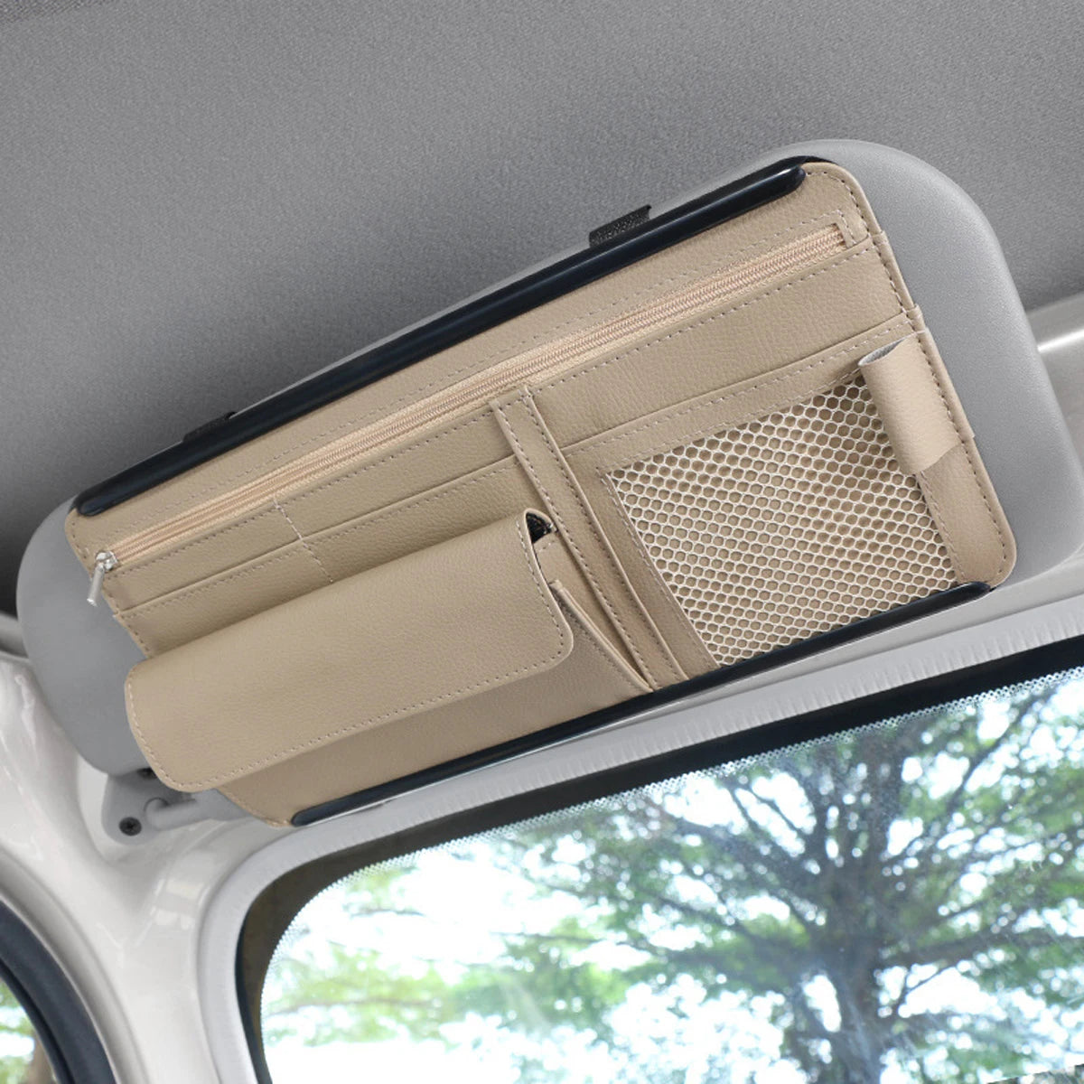 Multi-Pocket Car Sun Visor Organizer, Hanging Holder for Cards, Phones, Glasses and Pens to Store Small Vehicle Belongings