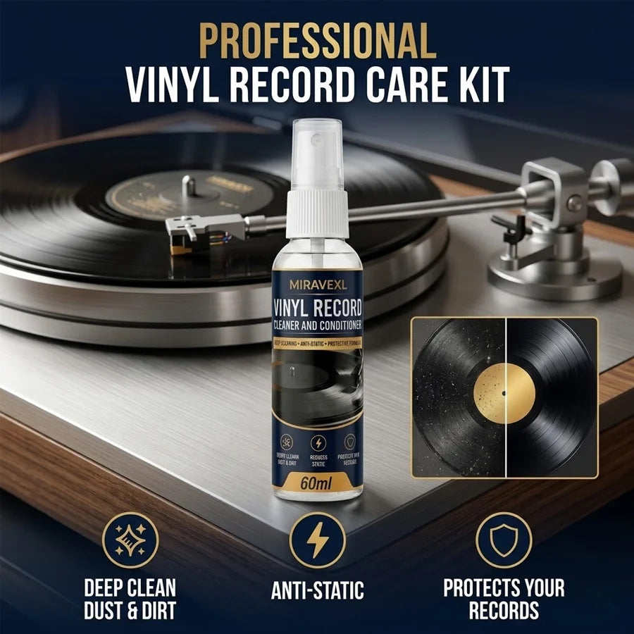 MIRAVEXL Vinyl Record Care Kit: Includes 60ml Cleaning Fluid and Anti-Static Velvet Brush — Dedicated Record Maintenance Set