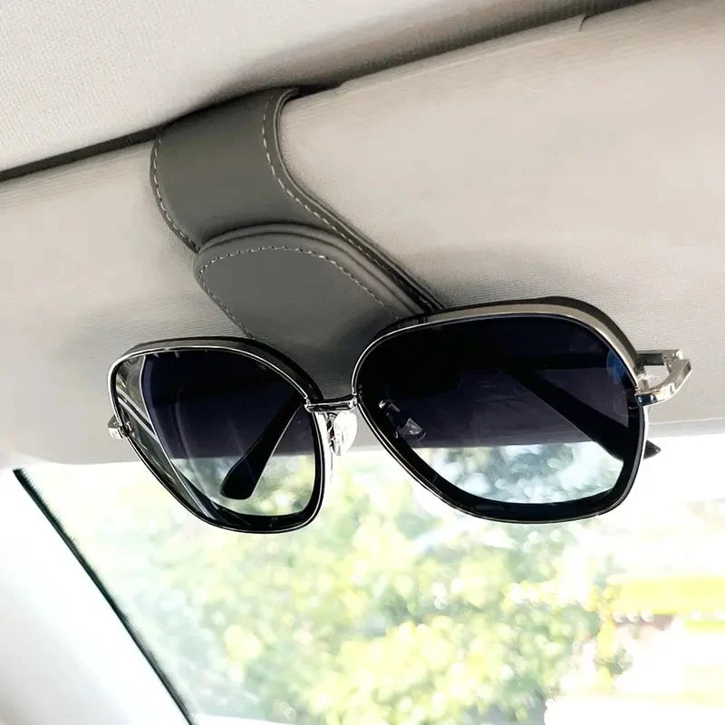 Universal leather car sunshade frame elastic clamp design for vehicle sunglasses storage