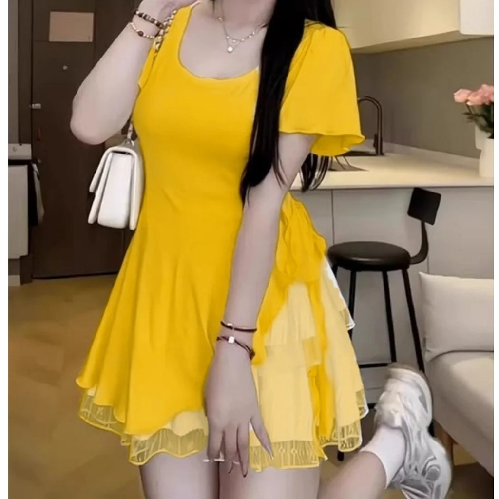 Plus Size Women's Ruffle Short Sleeve T-shirt Elastic Irregular Hem Slim Fit Shirt&Blouses Solid Summer Casual Elegance Top Chic