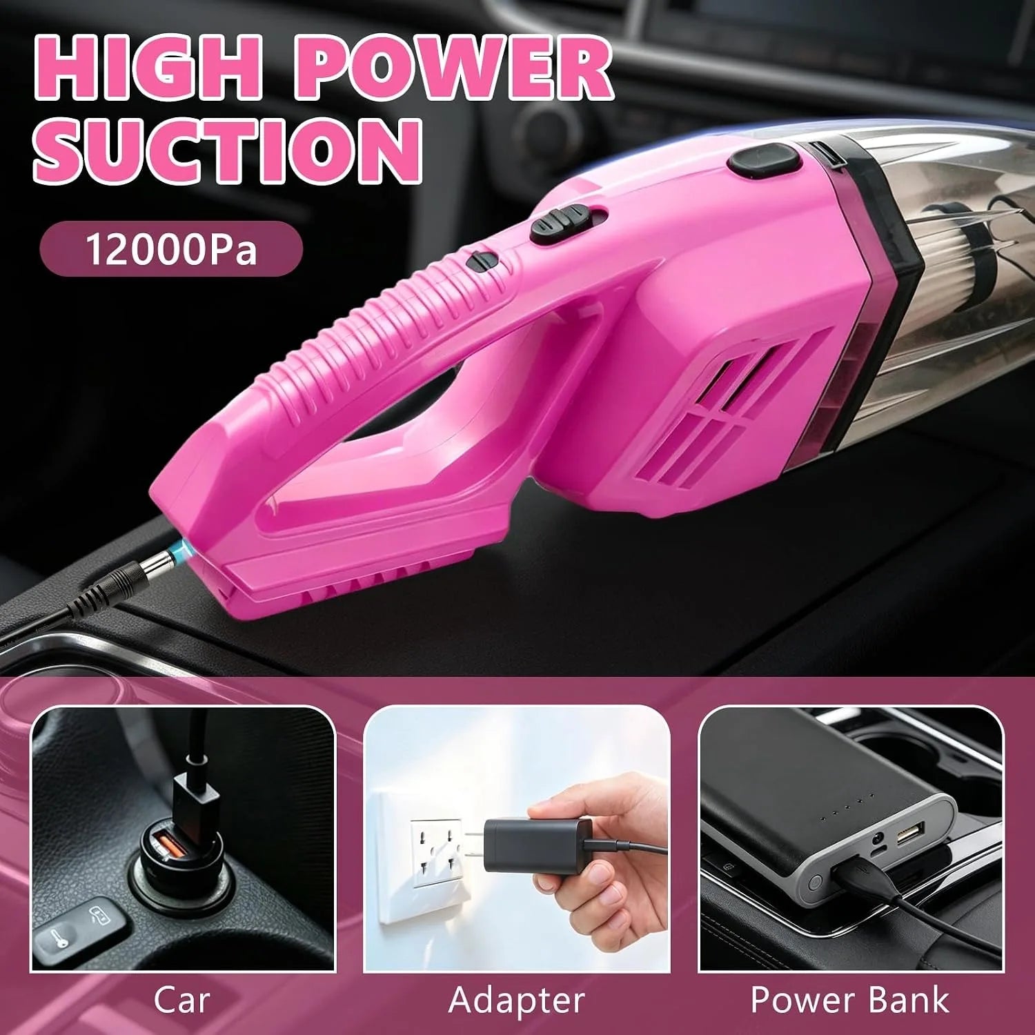 Pink Car Cleaning Kit, All in One Car Wash Tools, Car Vacuum Cleaner with Detailing Brushes, For Women Car Accessories, Car Inte