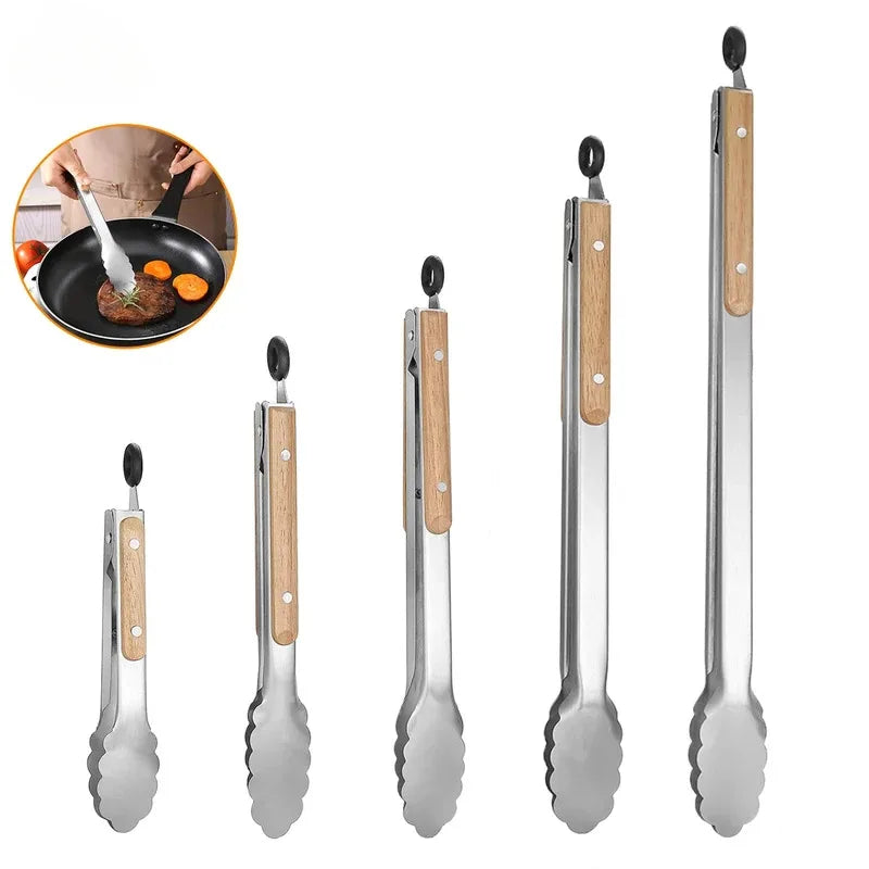 1Pcs Stainless Steel Food Tongs, Heavy Duty Kitchen Tongs with Wooden Handle for Cooking, Grilling and BBQ, 7-16 Inch Length