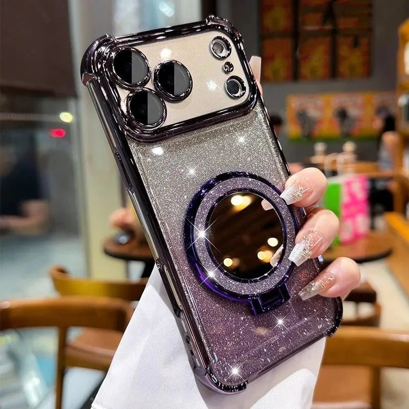 Glitter Shockproof Mirror Magnetic Bracket Case For iPhone 17 Air 16 15 14 Plus 13 12 11 Pro Max Plating For Magsafe Soft Cover
