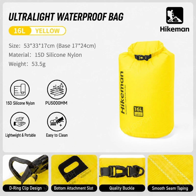 HIKEMAN Ultralight Waterproof Dry Bag Outdoor Storage Sack 15D Silicone Nylon 6L 10L 16L for Camping Hiking Travel and Swimming