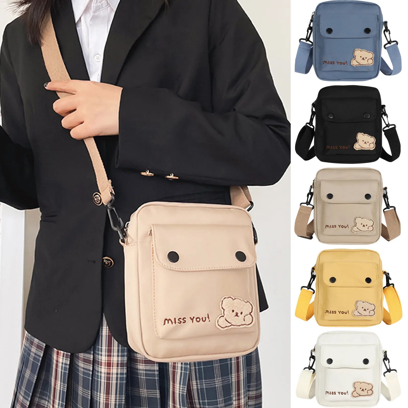 Kawaii Backpack Women'S Cute Versatile Cartoon Bear Canvas Bag College Student Crossbody Bag Backpack Shoulder Bag Purses