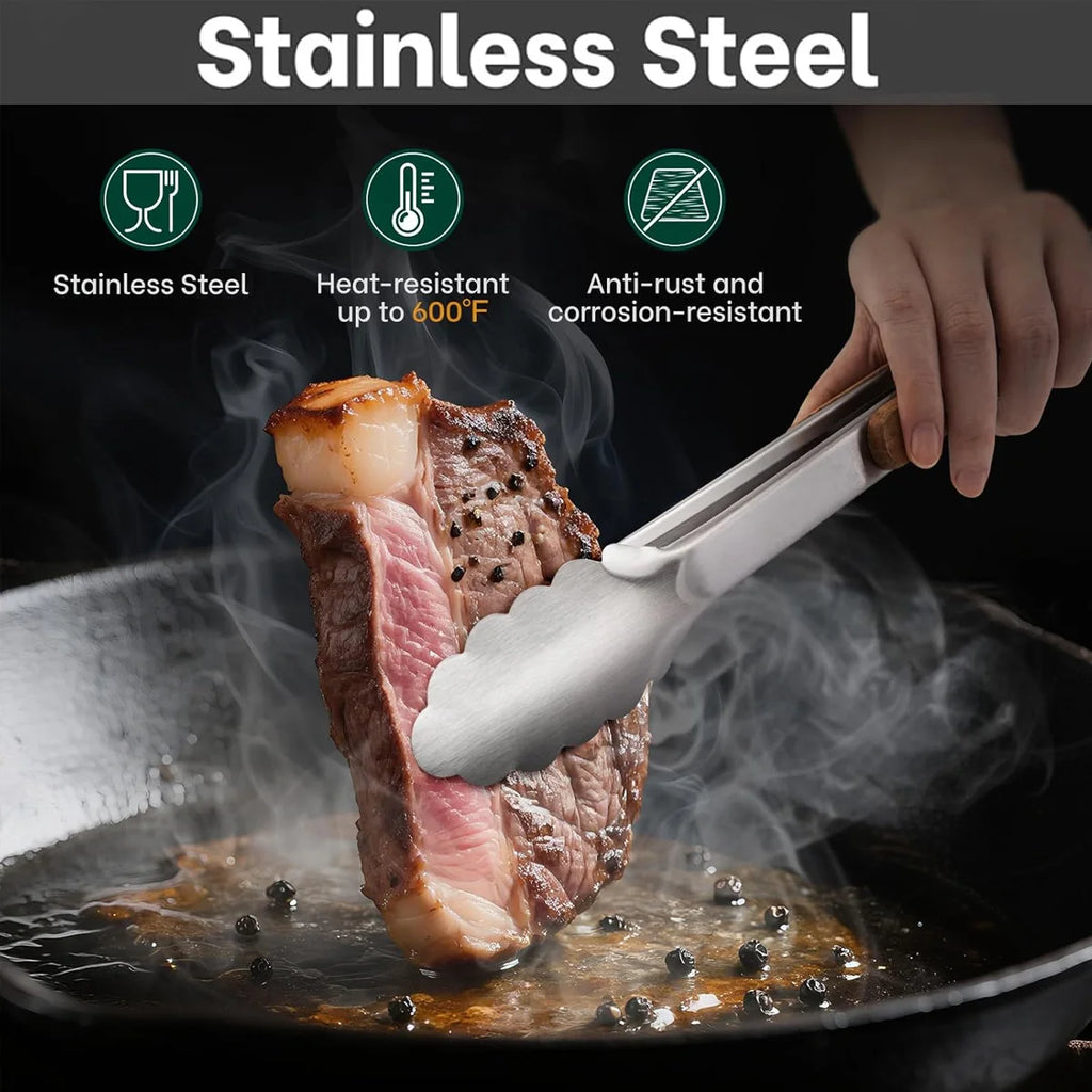 Leeseph Stainless Steel Food Tongs, 7-16 Inch Length, Heavy Duty Kitchen Tongs with Wooden Handle for Cooking, Grilling and BBQ