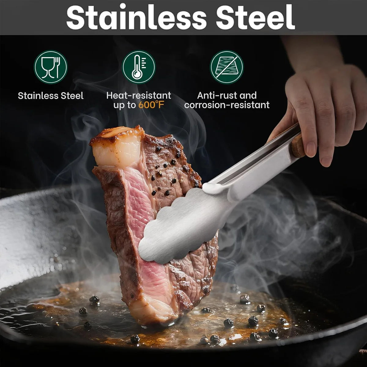 Leeseph Stainless Steel Food Tongs, 7-16 Inch Length, Heavy Duty Kitchen Tongs with Wooden Handle for Cooking, Grilling and BBQ