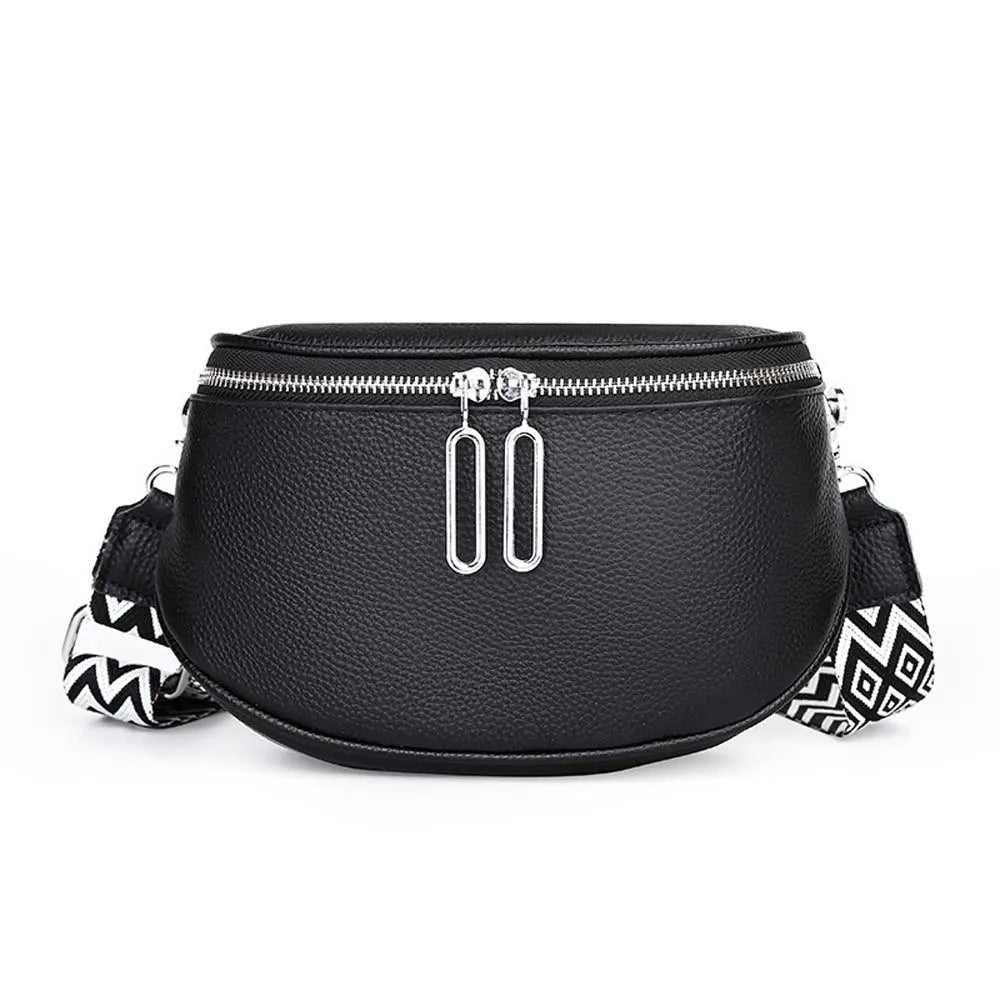 Bum Bag Leather Crossbody Bag Cowhide Texture Double Zippers Saddle Bag Jacquard Strap Solid Color Chest Pack Outdoor Travel