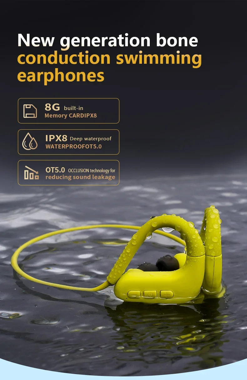 IPX8 Waterproof Swimming Bone conduction Bluetooth Hifi Earphones with 8G Memory Card MP3 Mode Suitable for Swimming Running