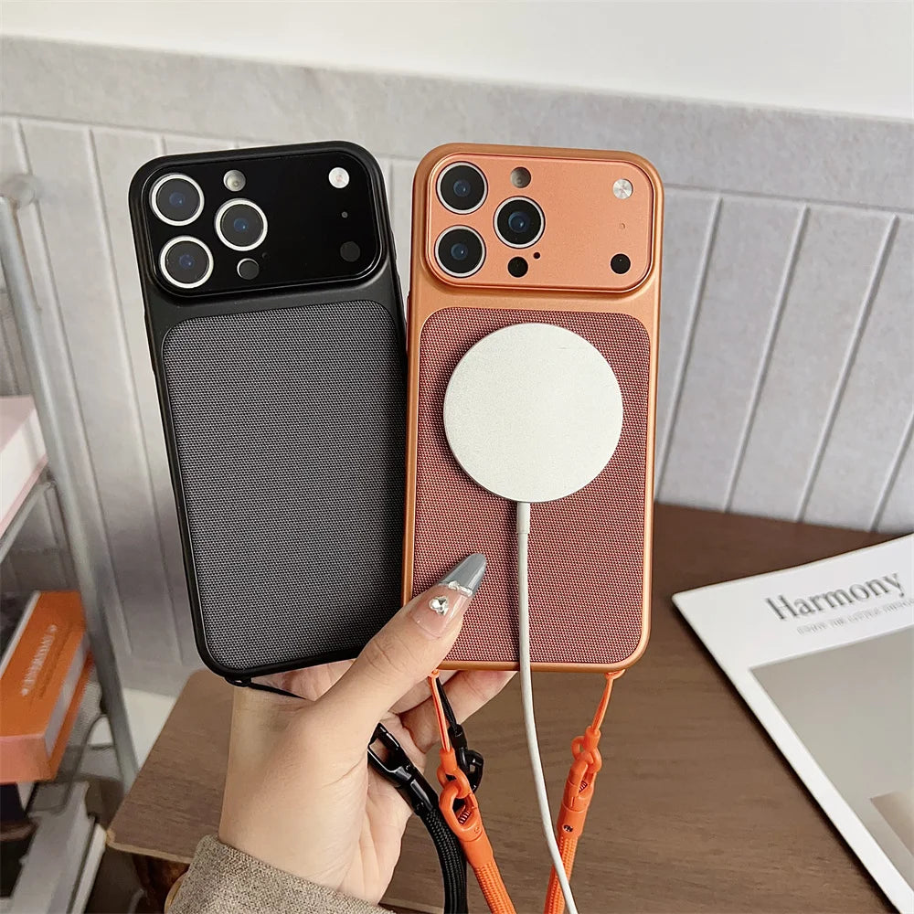 Crossbody Lanyard Knitted Pattern Phone Case For iPhone 17 17Pro 16 15 14 13 12 11 Pro Max Metallic Color Frame Original Cover
