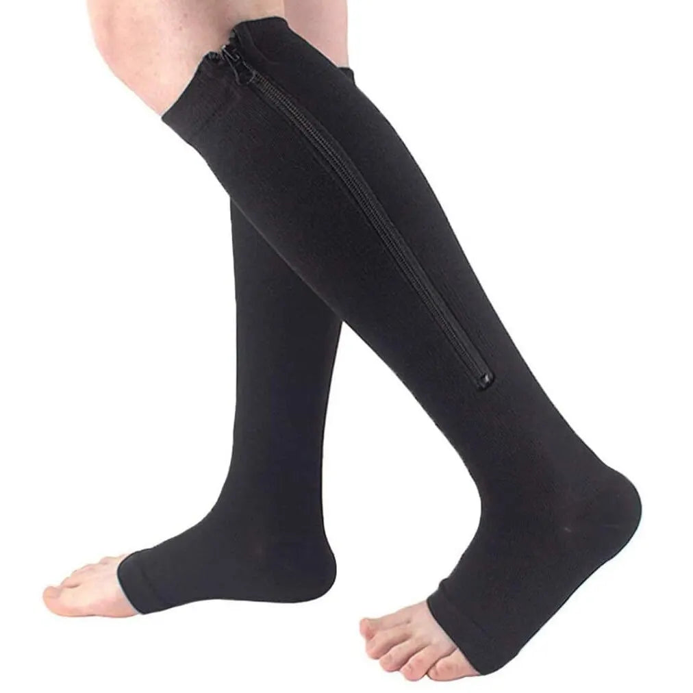 Knee-high Calf Compression Sock Men Women Support Knee Zipper Open Toe Thin Anti Fatigue Stretchy Medical Varicose Veins Hosiery