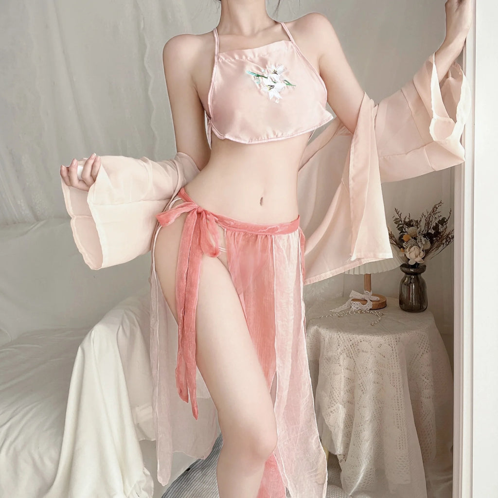 Ancient Hanfu Republic Style Lace Up Embroidered Nightgown Set with Bellyband T-pants See Through Skirt Sexy Lingerie for Women