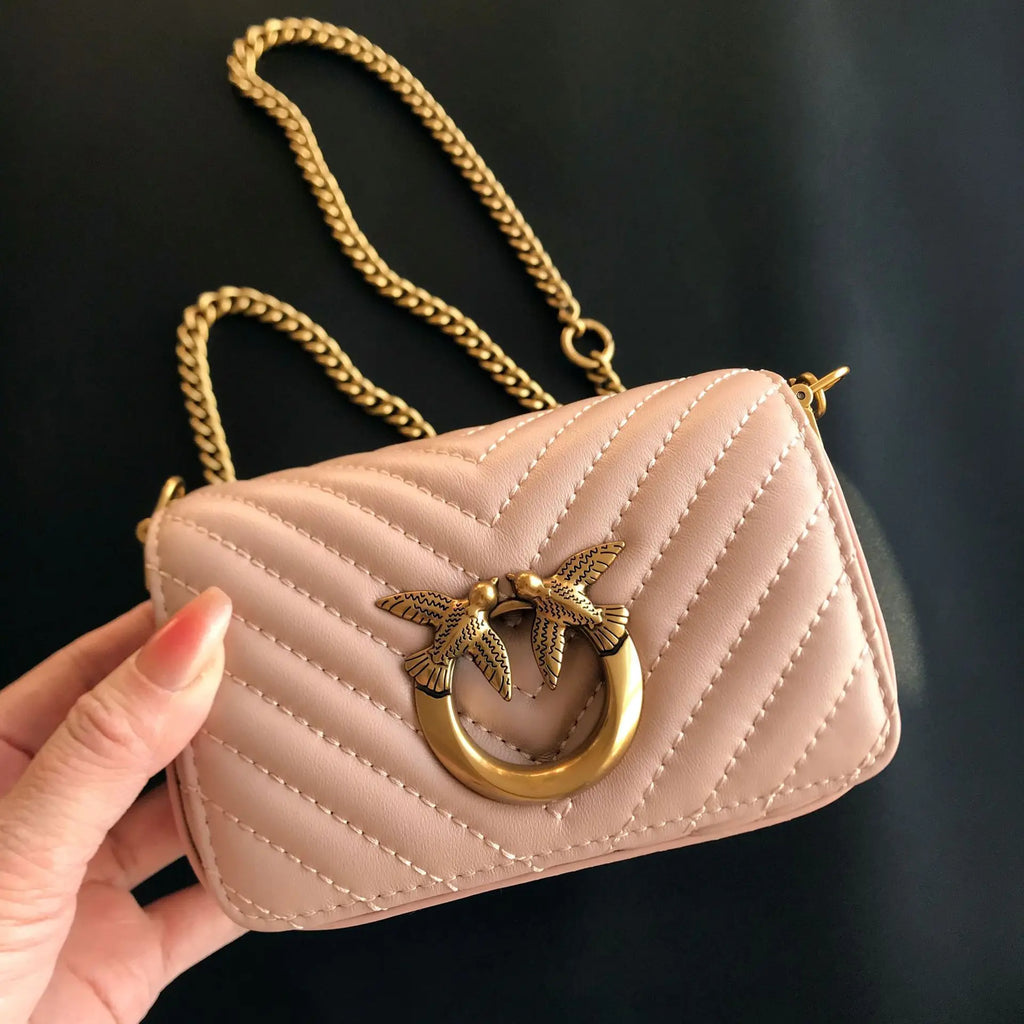 New Arrivalpinko Same Style Genuine Leather Super Mini Chain Small Square Lipstick Key Bag Swallow Bag Women's Handbag