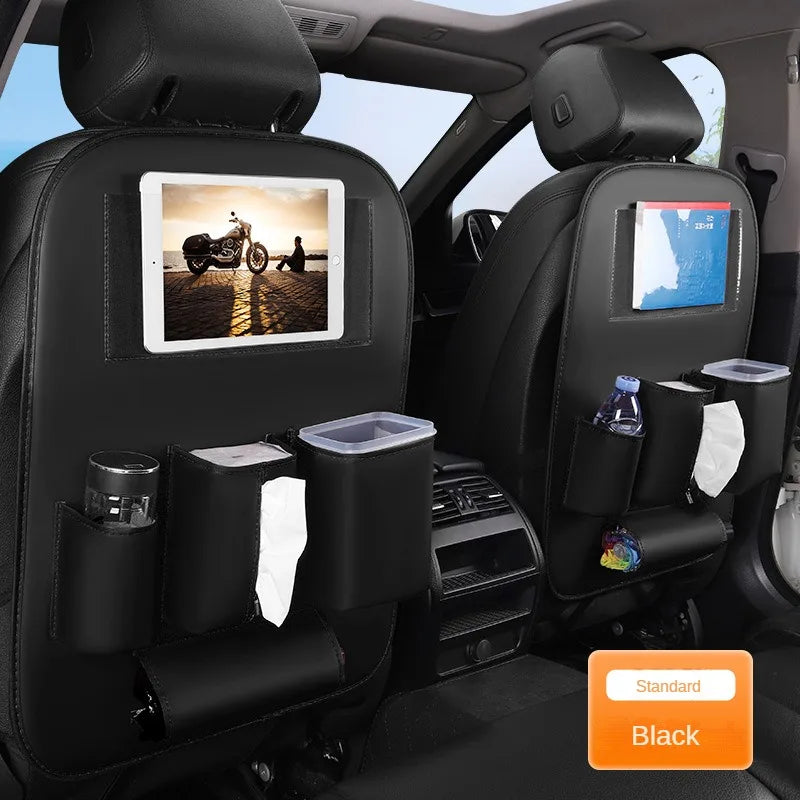Car Seat Back Organizer With Foldable Table Tray Leather Auto Backseat Hanging Tissue Cup Holder Pockets Trash Can Bin Storage