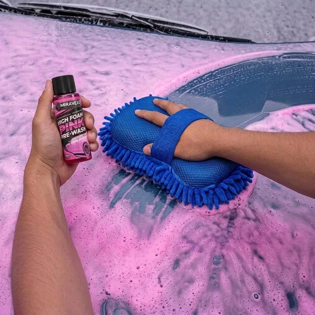 MIRAVEXL High Foam Pink Pre-Wash 100ml Car Care Set, Deep Cleansing Foam Solution, Professional Blue Microfiber Wash Mitt