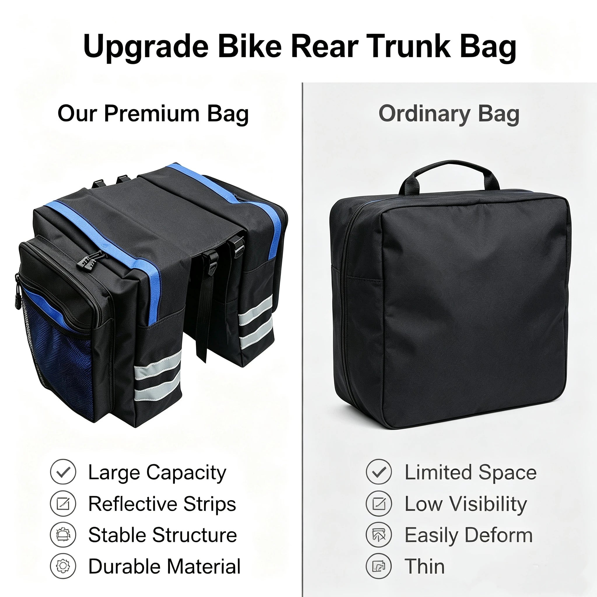 Bicycle Rear Rack Bag Waterproof Double-Sided Large Capacity Bike Trunk Pannier Storage for MTB Road Cycling Commuting