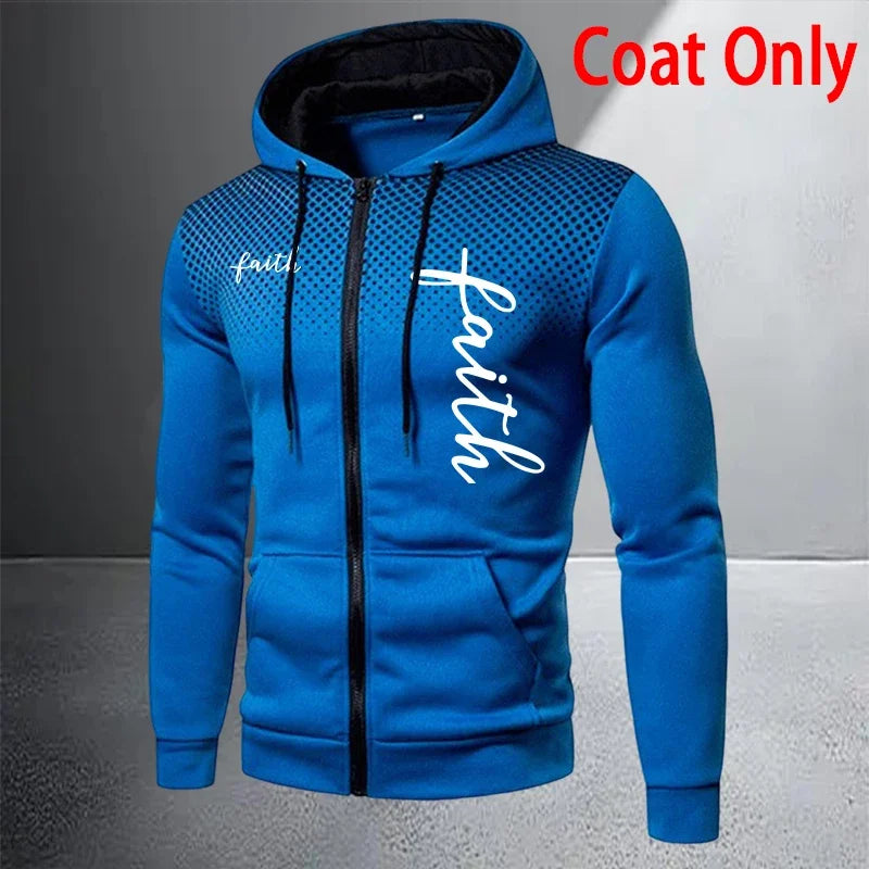 Autumn Winter Men's Jacket Tracksuit Printed Casual Zip Hooded Sweatshirt Coat Outdoors Sports Jogging Clothes Single Tops Pants