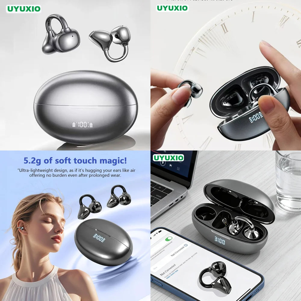 UYUXIO HiFi Stereo Ear Buds with 48H Play Time Clear Calls Clip on Wireless Earbuds BT 5.4 IP7 Waterproof Headphones for Phones