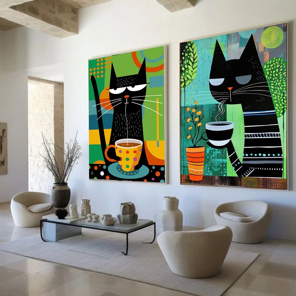 Whimsical Black Cat Drink Coffee Poster For Bedroom Nursery Cartoon Animal Canvas Painting Cute Cat Illustration Print Wall Art