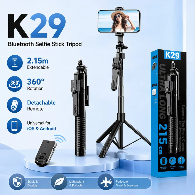 2M Extendable Bluetooth Selfie Stick Tripod, K29 Universal Phone Holder with Remote Control, Stable Handle for Vlog Live Streami