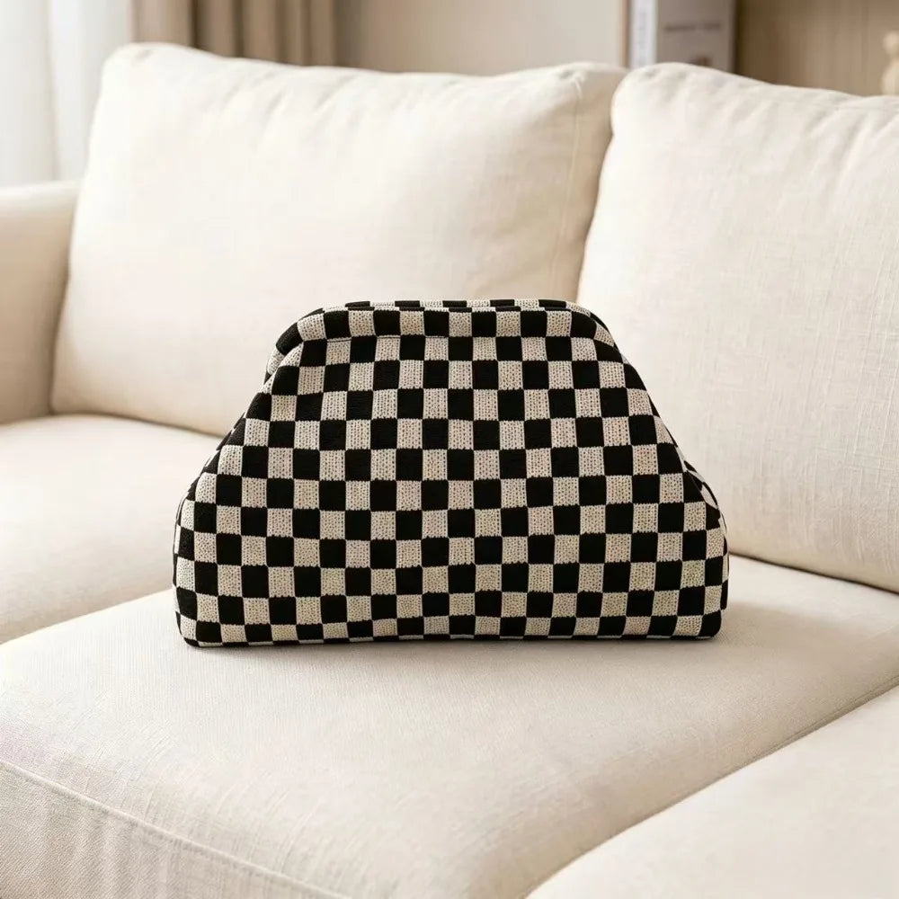 Retro checkerboard knit large-capacity multi-functional storage clutch bag