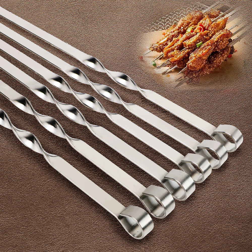 6Pcs Wide BBQ Sticks Stainless Steel Barbecue Skewer BBQ Utensil Reusable Grill Sticks Outdoor Camping Picnic Flat BBQ Fork