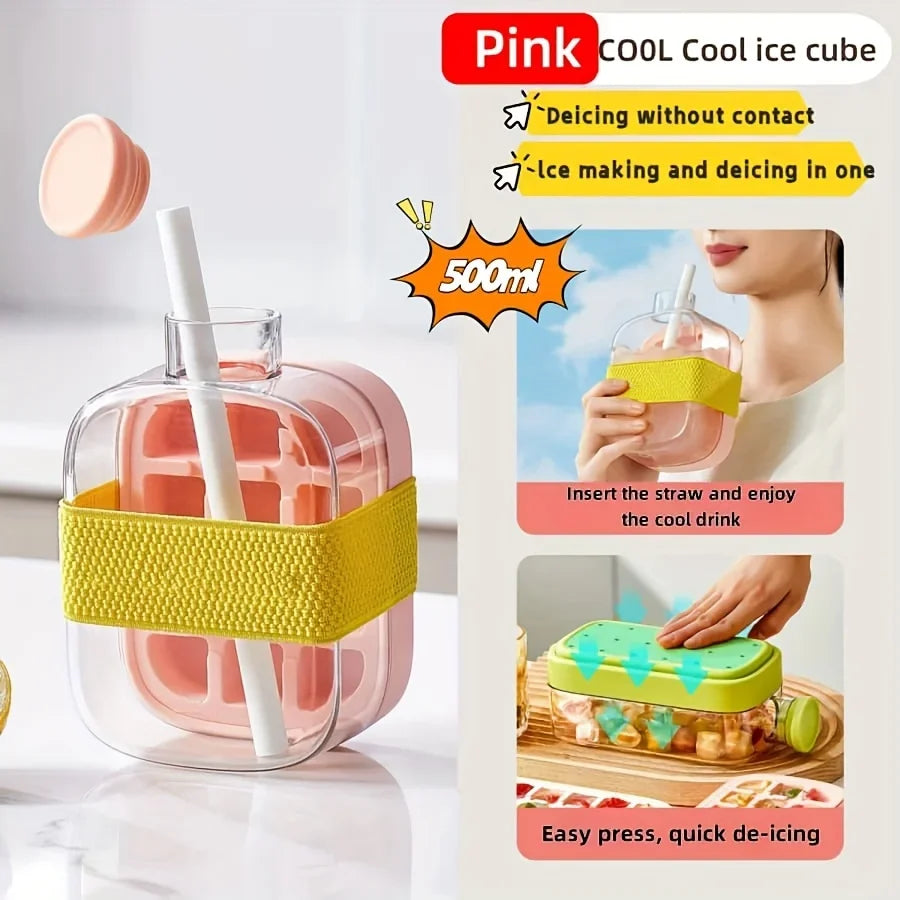 Large Capacity Ice Cube Maker Water Bottle Silicone Tray with Straw for Juice Beverage Cooling Stackable Design Durable Plastic