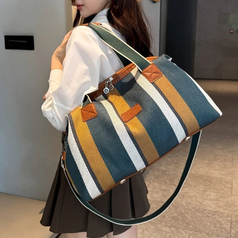 Fashion Striped Canvas Large Capacity Tote Commuter Handbag Travel Shoulder Crossbody Mom Diaper Bag