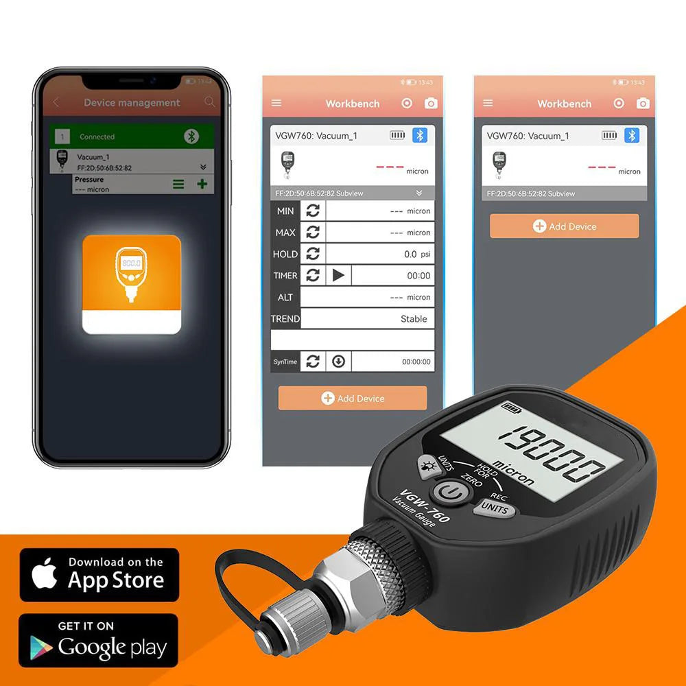 VGW-760 Wireless Digital Vacuum Gauge Bluetooth Micron Meter HVAC Refrigeration Vacuum Meter Leak Testing 1/4 SAE