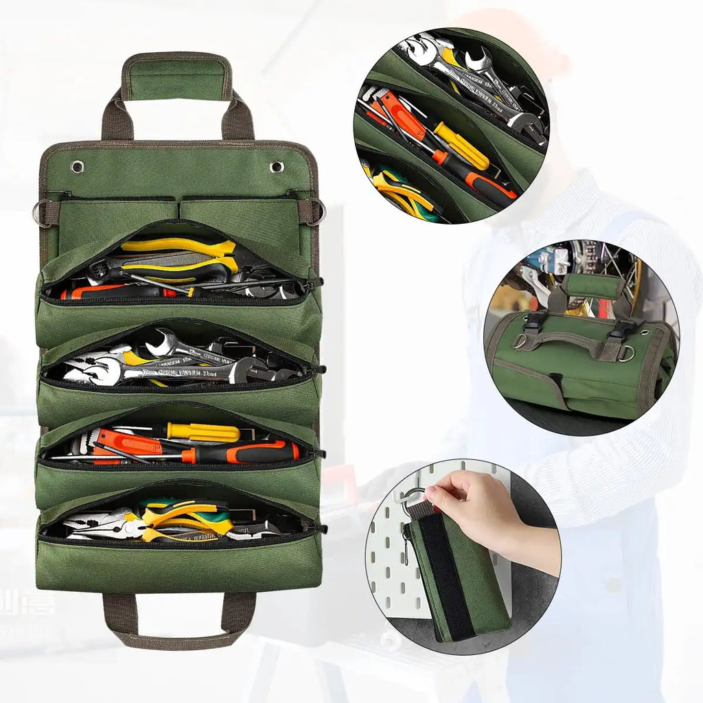 Professional Tool Bag for Mechanics Electricians Carpenters Oxford Roll Up Organizer Garage Storage Portable Multiple Zipper