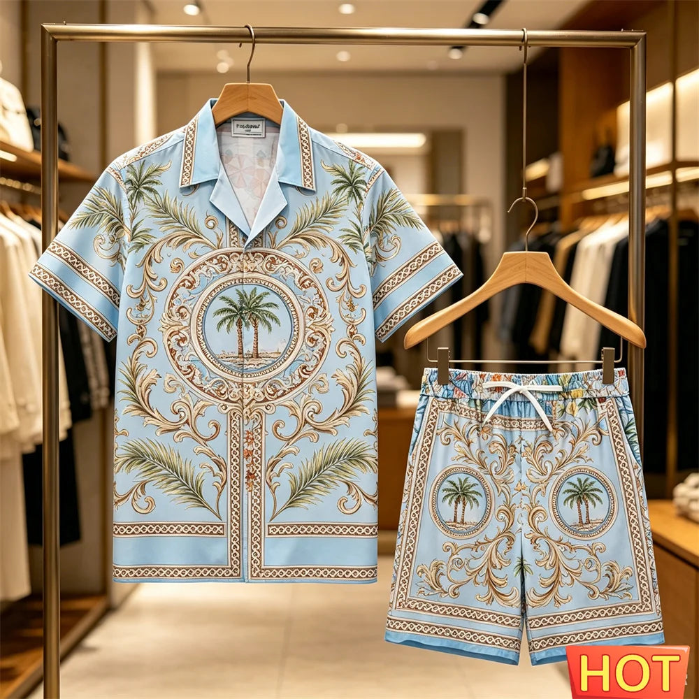 Men's Summer Tees Sets Fashion Coconut Tree 3D Print Short Sleeve Tops +Shorts 2 Piece Outfit Hawaiian Beach Vacation Shirt Suit