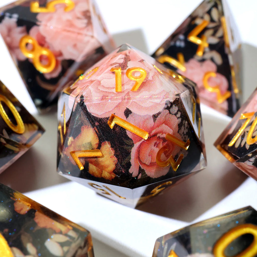 Enchanting DND Dice Set with Ocean Wave & Peach Blossom Designs-Perfect for Board Game,RPG & Tabletop Gaming Adventures-F2
