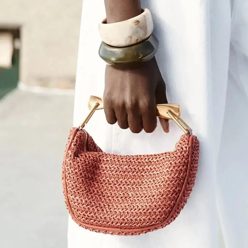 Women's Woven Straw Bucket Bag, Summer Half-Moon Beach Straw Shoulder Bag, Casual Tote Crossbody Purse