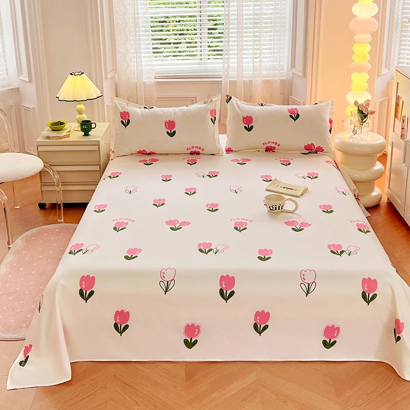 1PC or 3PCS Bed Flat Sheet Pillowcases Bed Cartoon Printed Top Sheets Single/Queen/King Flat Bedsheets Home Bed Linen Sheets
