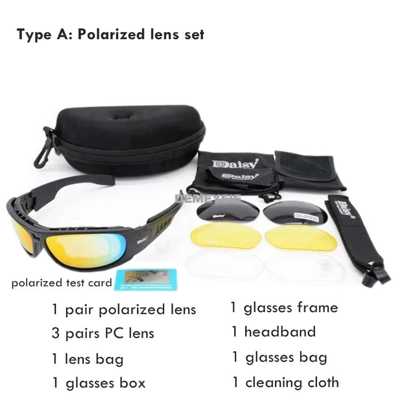 Tactical Polarized Glasses Daisy C6 Outdoor CS Motorcycle Hunting Shooting Airsoft Goggles with 4 Lens Kit with Myopic Frame