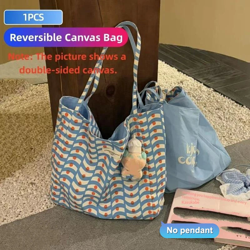 1PCS Korean Style Reversible Canvas Tote Bag Large Capacity Casual Shoulder Bags For Women Student Work Gift Shopping Bags
