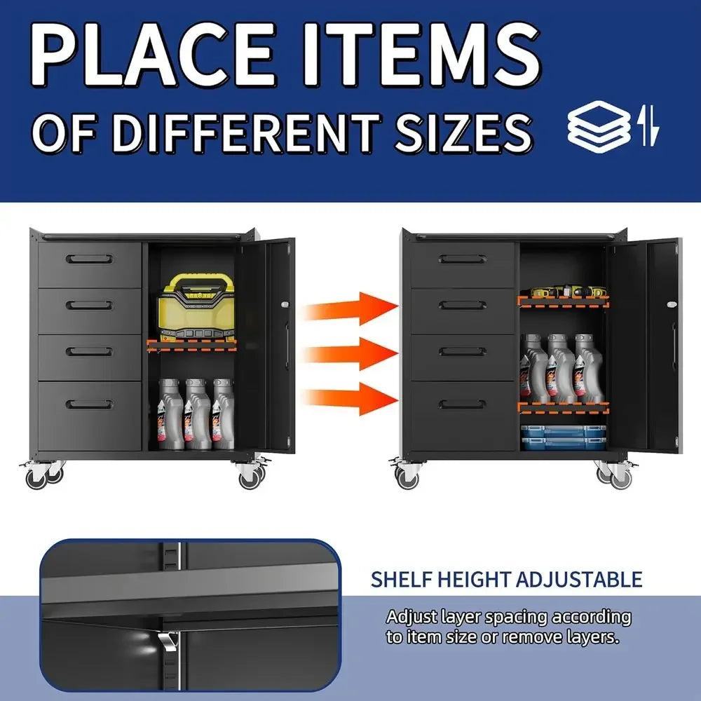 Double-Layer Heavy Duty Steel Rolling Tool Cabinet with Lockable Drawers and Adjustable Shelves for Mobile Workshop Storage and
