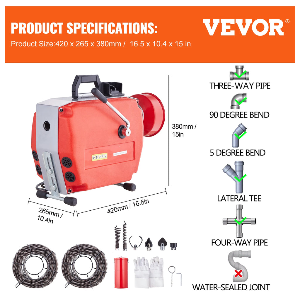 SucceBuy Drain Cleaner Machine 250W Electric Sewer Snake Auger Manual Feed with 7 Cutters 2 Steel Cables CW/CCW Control for Home