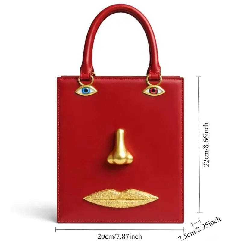 Face Bag Women High Quality Black Leather Luxury Brands Handbag Jewelry Eyes Gold-tone Metal Shoulder Strap Crossbody Bags