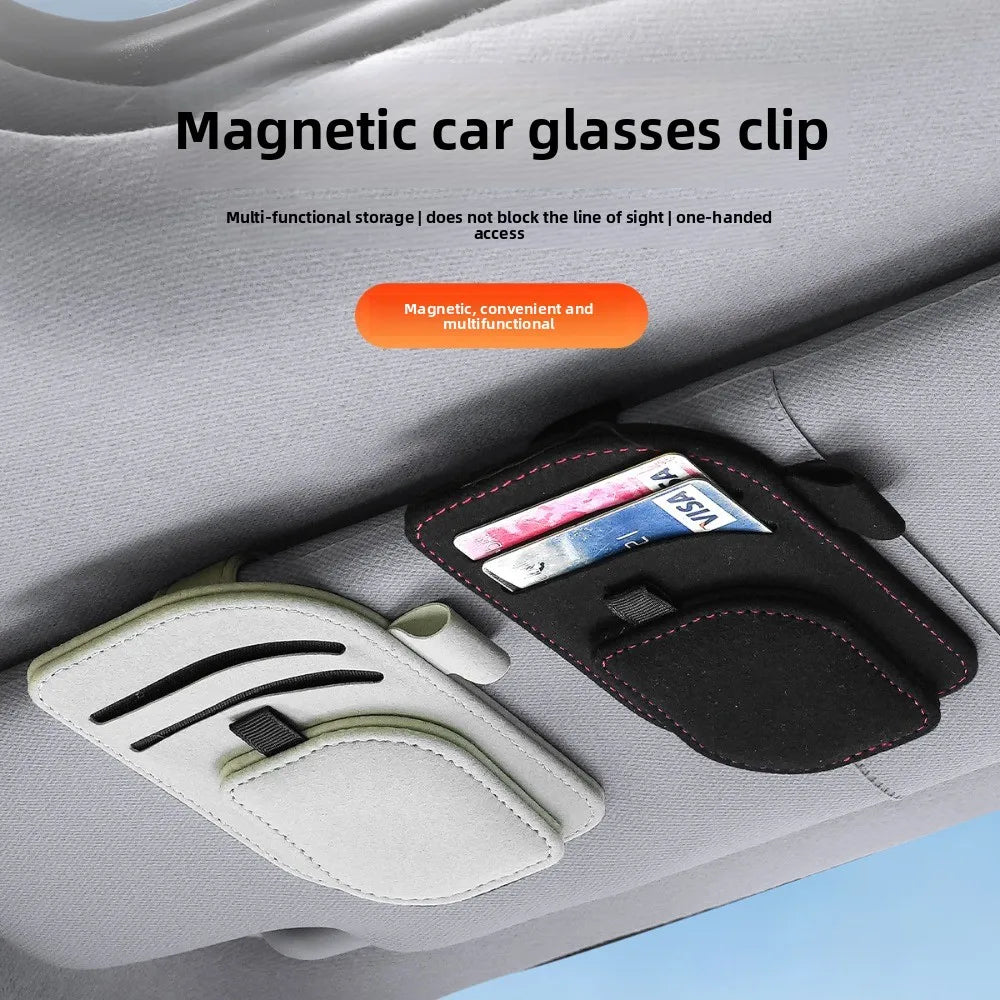 Magnetic Sunglasses Holder for Car Sun Visor, Leather Car Eyeglass Clip, Universal Auto Visor Glasses Hanger Ticket Card Holder