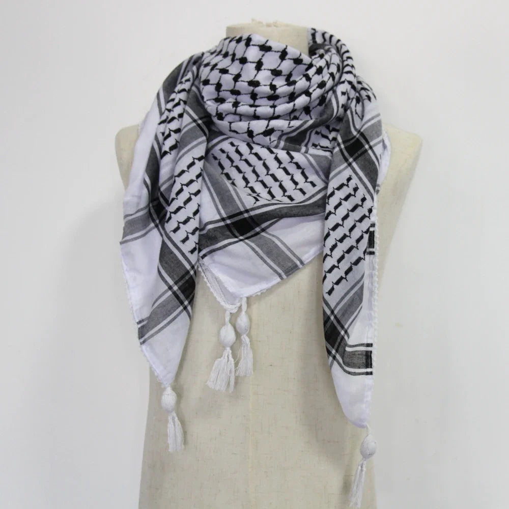 65% Cotton Unisex Scarves Desert Scarf Neck Head Wrap with Tassel Palestine Scarf Keffiyeh Arafat Hatta Arab Houndstooth