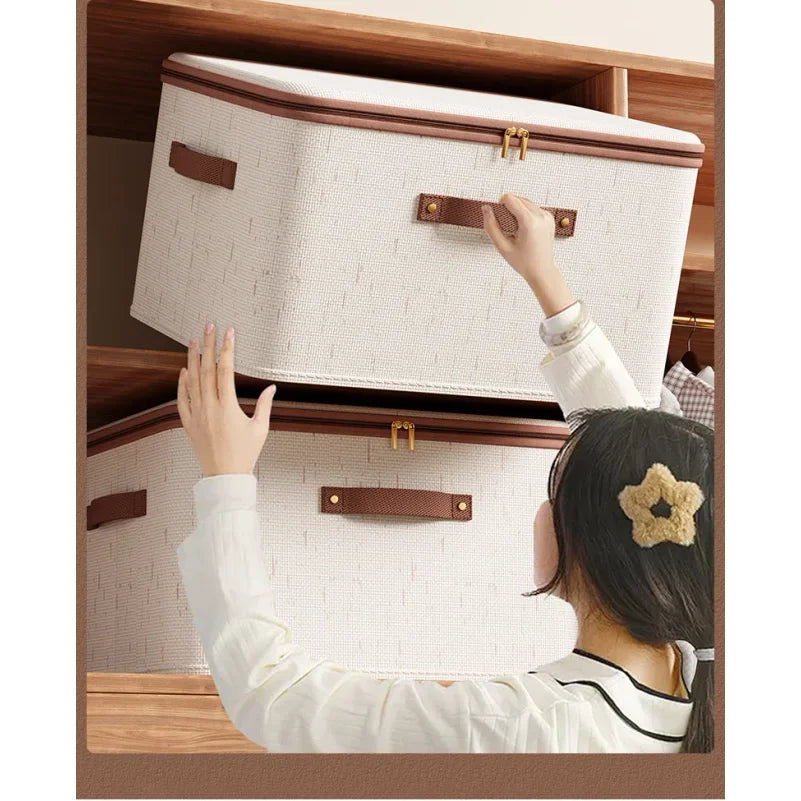 Large Household Storage Box Heavy-duty Hard Shell Cotton Linen Zipper Storage Organizer Box with Lid for Clothes Toys Blankets