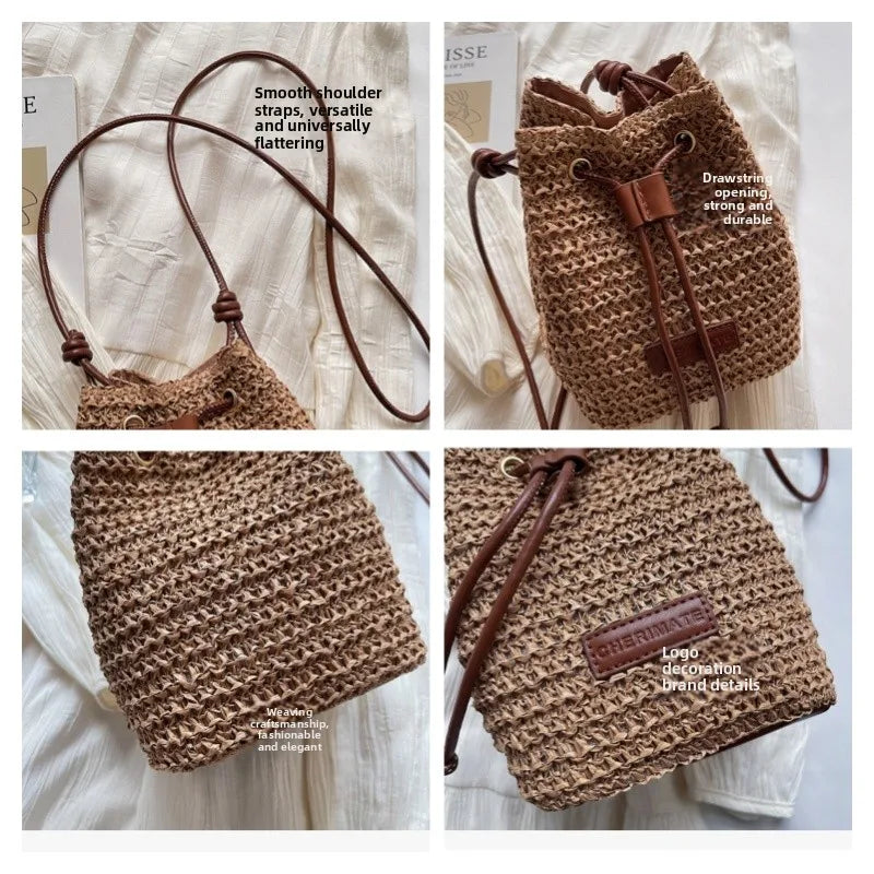 New Women Handmade Woven Mini Crossbody Bag Fashion Versatile Beach Straw Woven Bucket Purse Casual Simple Shoulder Underarm Bag
