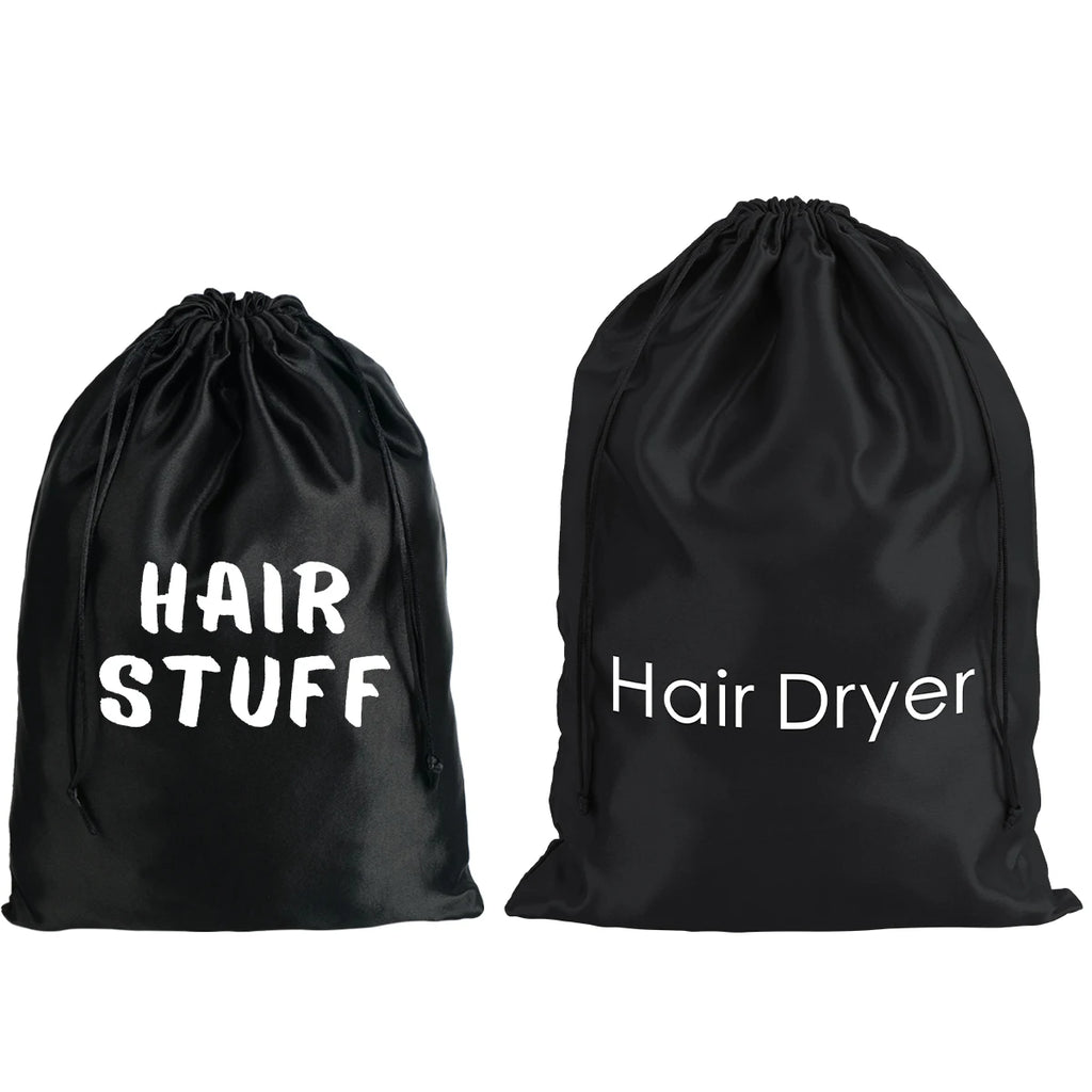 2pcs Satin Drawstring Travel Bags - Dustproof "Hair Stuff" Printed Storage Pouches for Hair Dryer