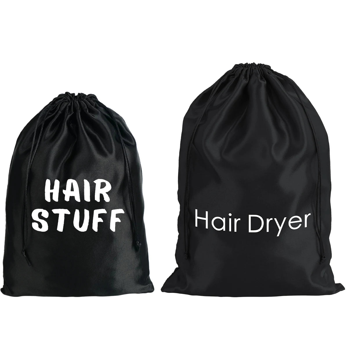 2pcs Satin Drawstring Travel Bags - Dustproof "Hair Stuff" Printed Storage Pouches for Hair Dryer