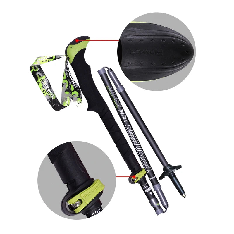 Pioneer Folding Ultralight Quick Lock Trekking Poles Hiking Pole Race Running Outdoor Walking Stick Carbon Fiber 115-135cm