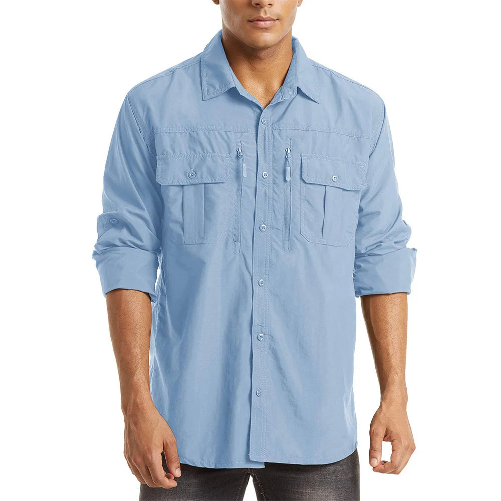 KEFITEVD Quick Dry Men's Hiking Shirts Zipper Chest Pocket Long Sleeve Cargo Shirts Lightweight Camping Trekking Fishing Shirt